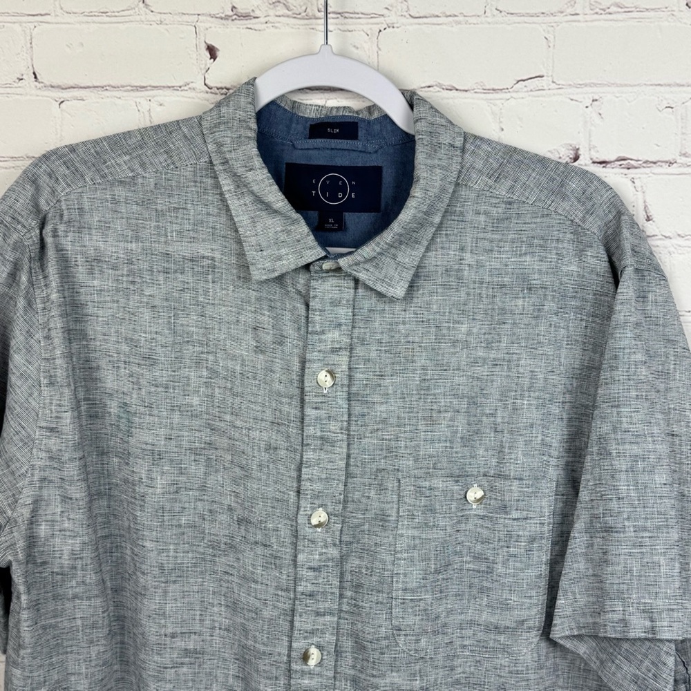 Even Tide Men's Casual Gray Blue Button Up Shirt Linen Blend XL Short Sleeve